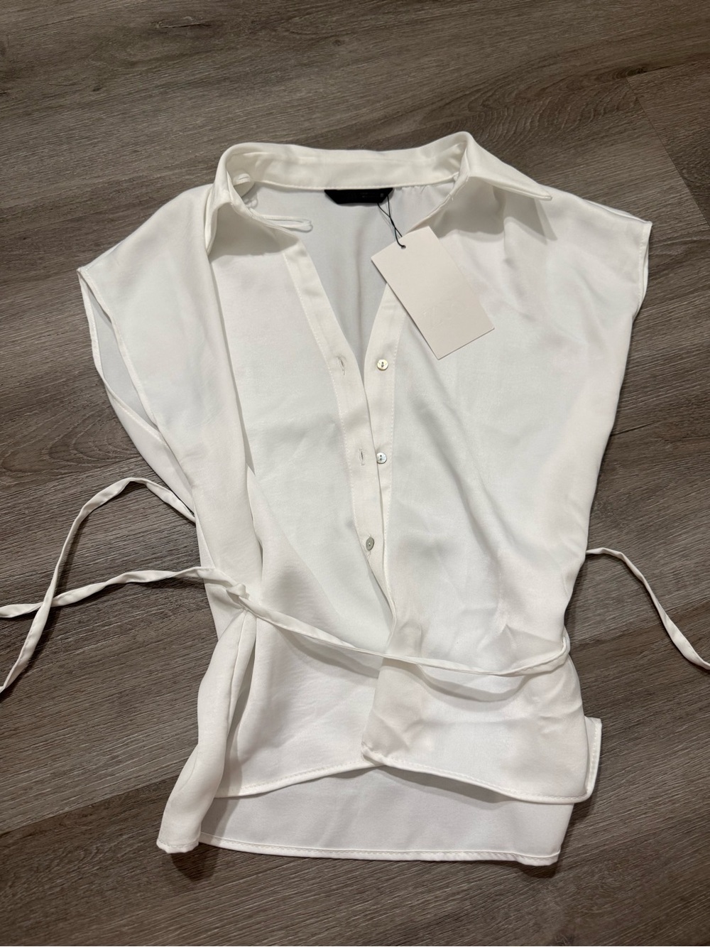 New Zara White Tie-Waist Button Front Top